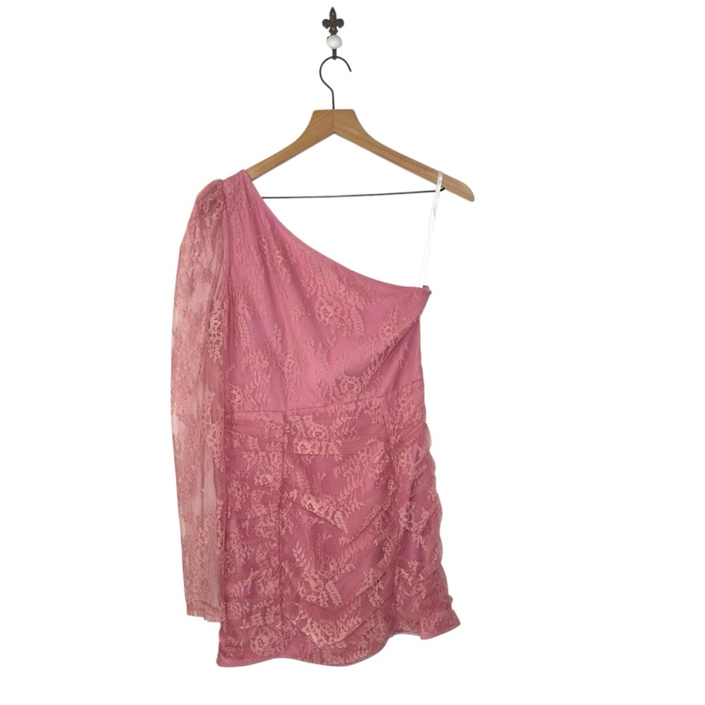 Majorelle Llaria Mini Dress Mauve Pink Lace One Shoulder Bodycon Ruched Medium - Picture 3 of 9